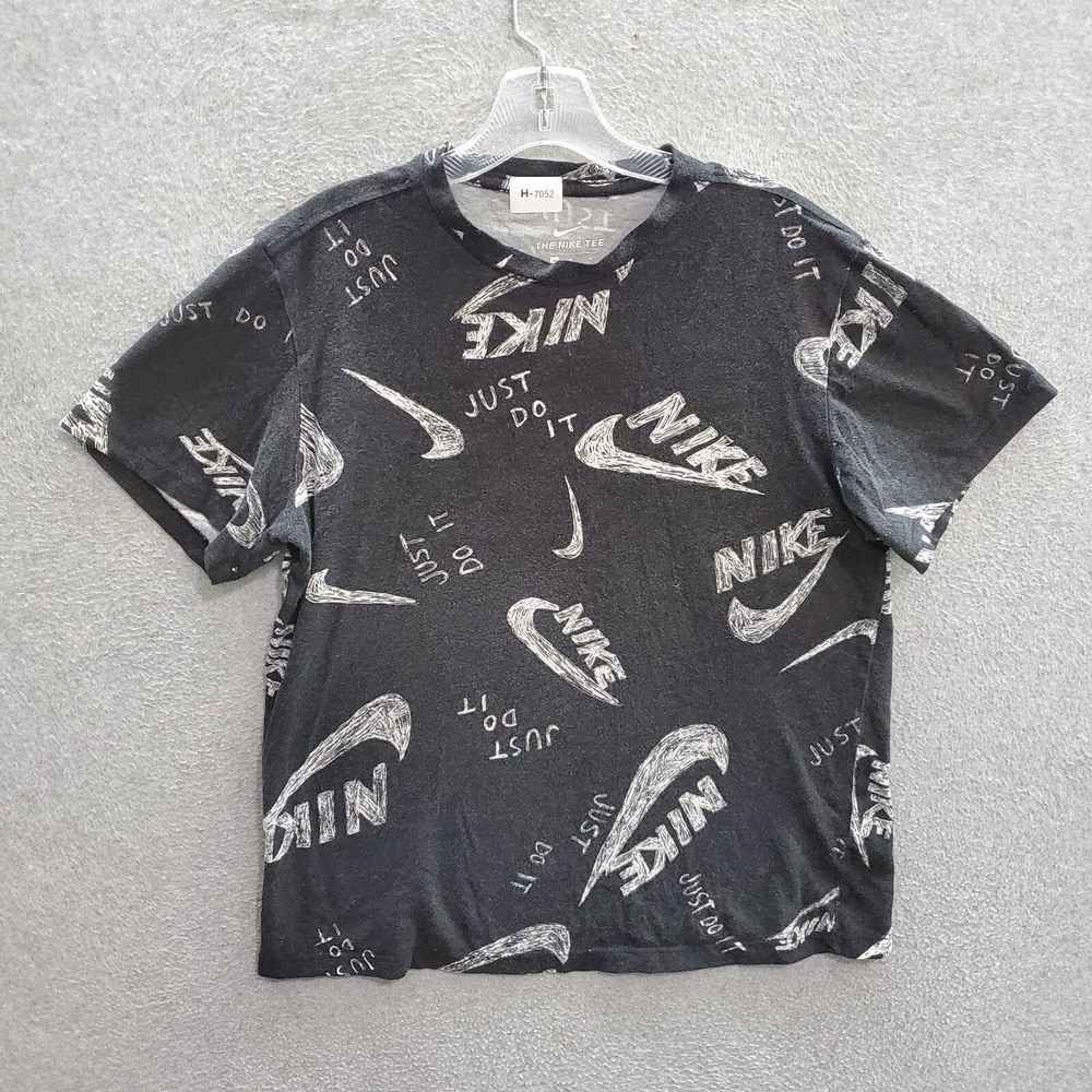 Nike Women Top Medium Black T-Shirt‎ Logo Just Do It All Over Print Tee